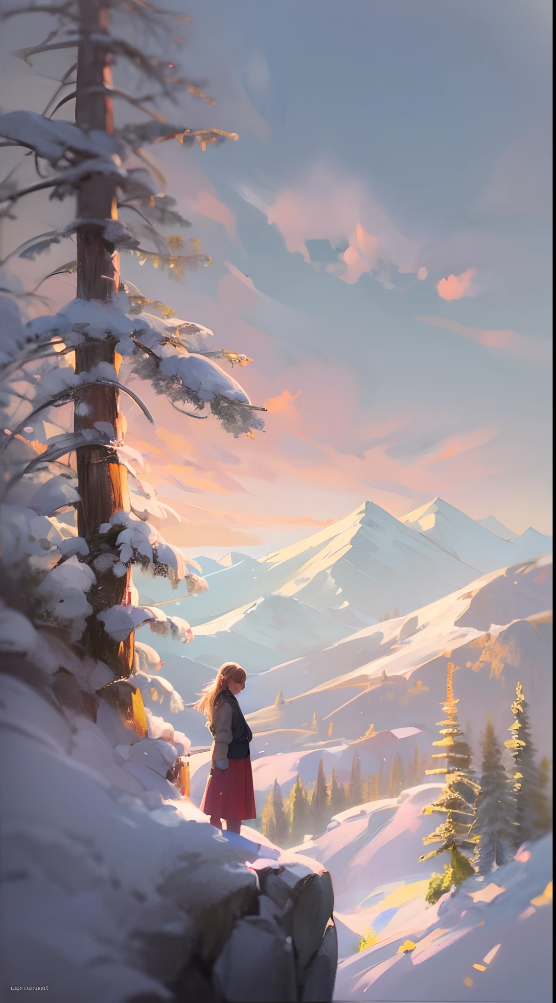 High in the snow-covered mountains, two women stand on the edge of a cliff, overlooking a breathtaking alpine landscape. The air is crisp and invigorating, and their lips meet in a passionate kiss, a testament to their unbreakable bond. The sun sets behind the distant peaks, casting a warm and golden light on their figures. Pine trees sway gently in the breeze, their needles dusted with snow. The atmosphere is one of awe-inspiring beauty and devotion, captured in a traditional oil painting style. The brushstrokes bring the textures of the snowy mountains and the softness of their embrace to life