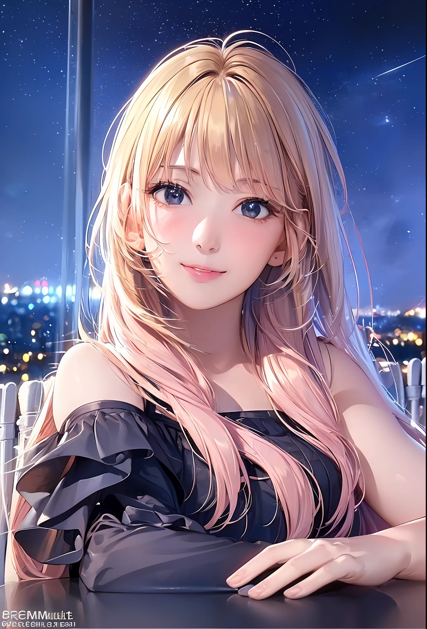 (8K, Best Quality, masutepiece:1.2), (Realistic, Photorealsitic:1.37), Ultra-detailed, 1 girl,Cute, Solo,Midnight,Beautiful detailed sky,Detailed Cafe,Sitting,Dating,(nose blush),(Smile:1.15),(Closed mouth) Small breasts,Beautiful detailed eyes,Floating Hair NovaFrogStyle,Pink dress