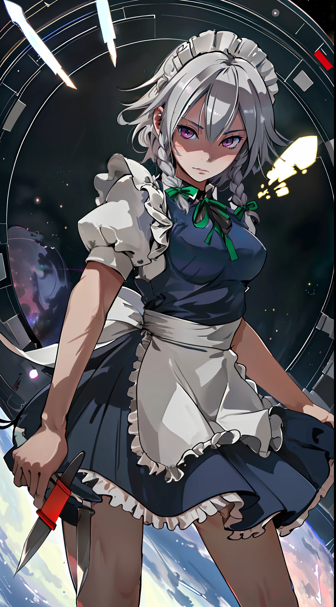 masterpiece,  best quality, highres,  1girl, solo, sakuya1,  maid, apon, greyt hair, medium  breasts, knife, in the space,