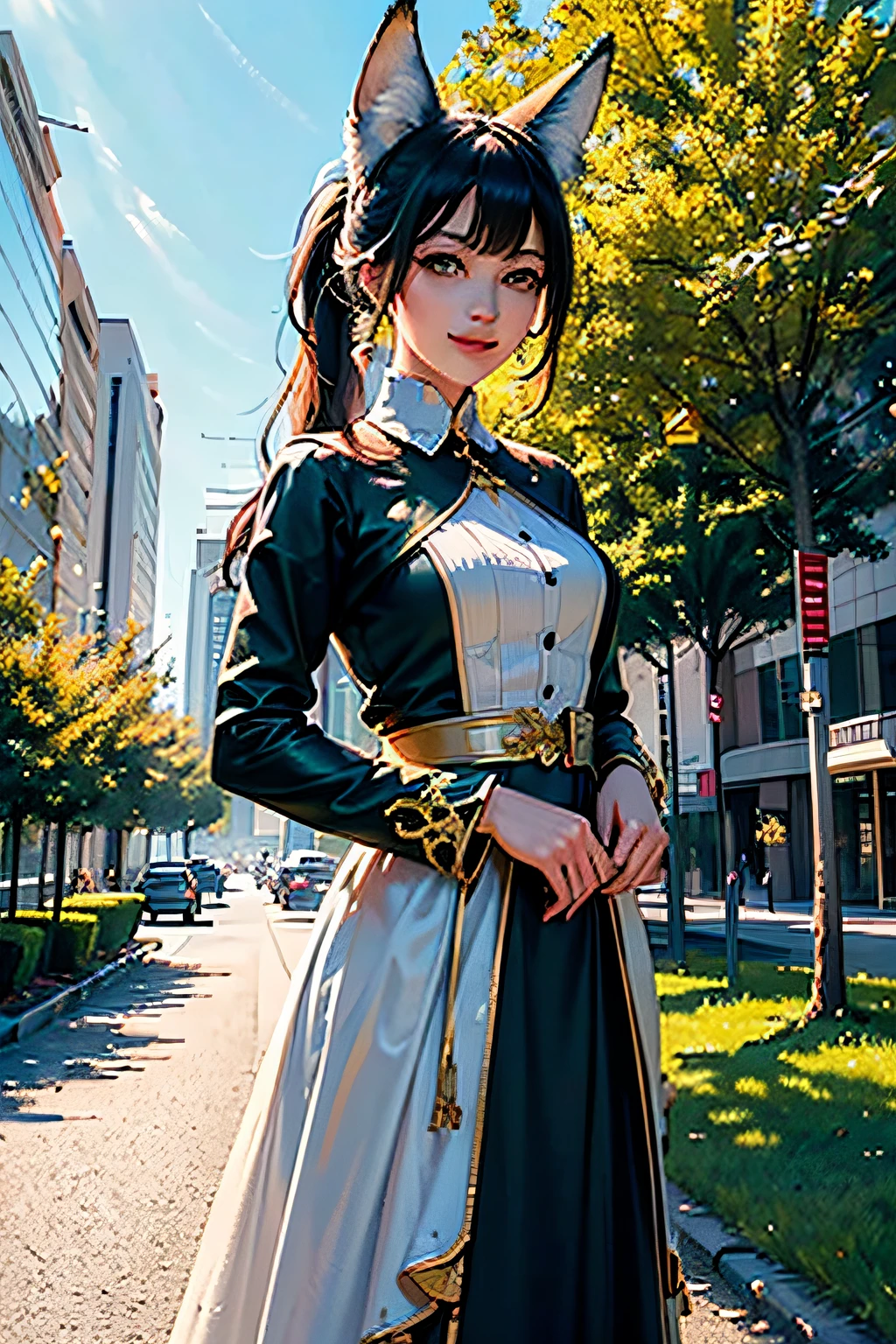 (Masterpiece, Top quality, Best quality, offcial art, Beautiful and aesthetic:1.2), Ultra photo realsisim, 32K, Extremely detailed Cg Unity 8K wallpaper,  Detailed background, Outdoors, day,
1girll,tingyun, Green eyes, pony tails, hair adornments, White collar, (Fox ears;1.3), Seductive smile,