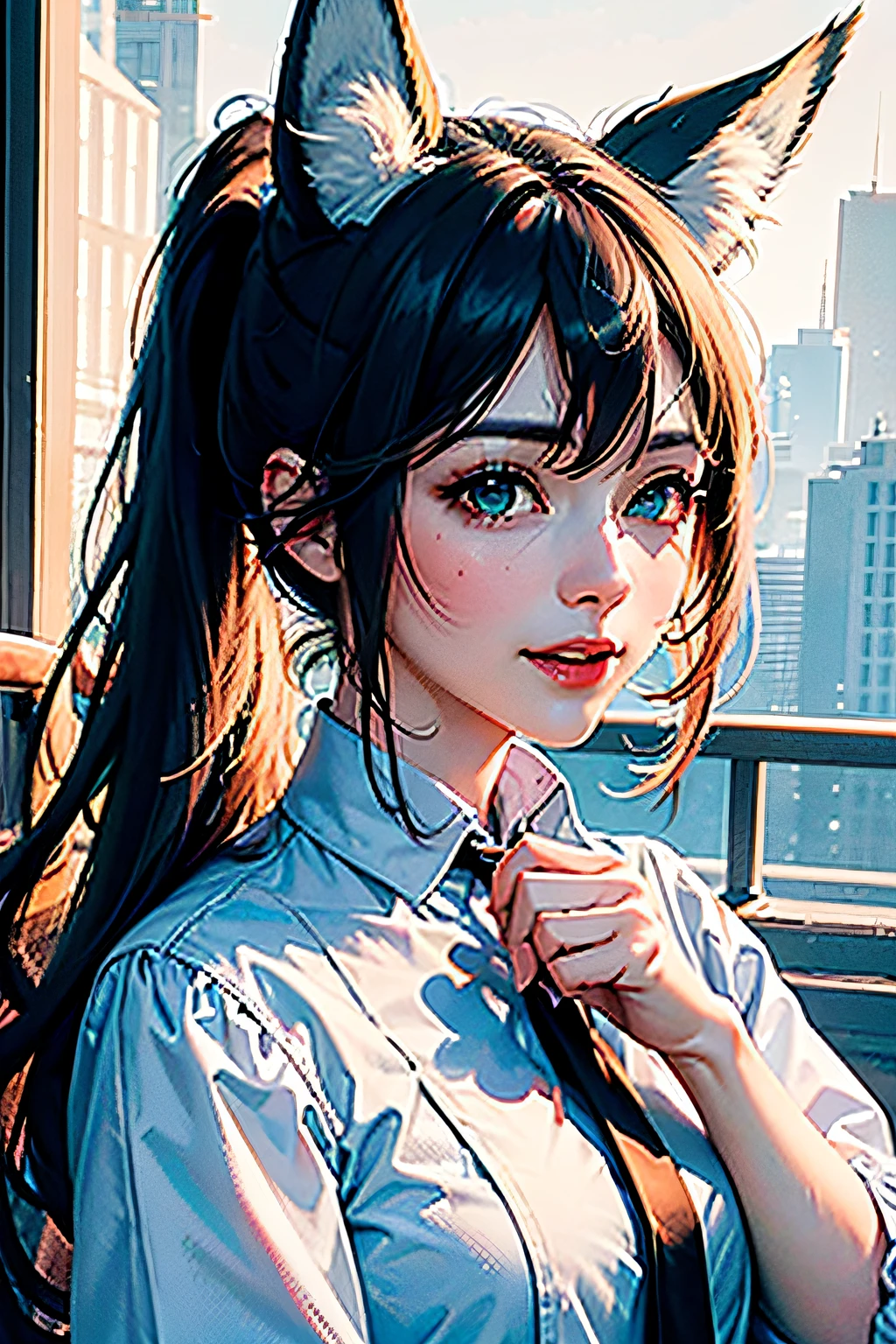 (Masterpiece, Top quality, Best quality, offcial art, Beautiful and aesthetic:1.2), Ultra photo realsisim, 32K, Extremely detailed Cg Unity 8K wallpaper,  Detailed background, Outdoors, day,
1girll,tingyun, Green eyes, pony tails, hair adornments, White collar, (Fox ears;1.3), Seductive smile,