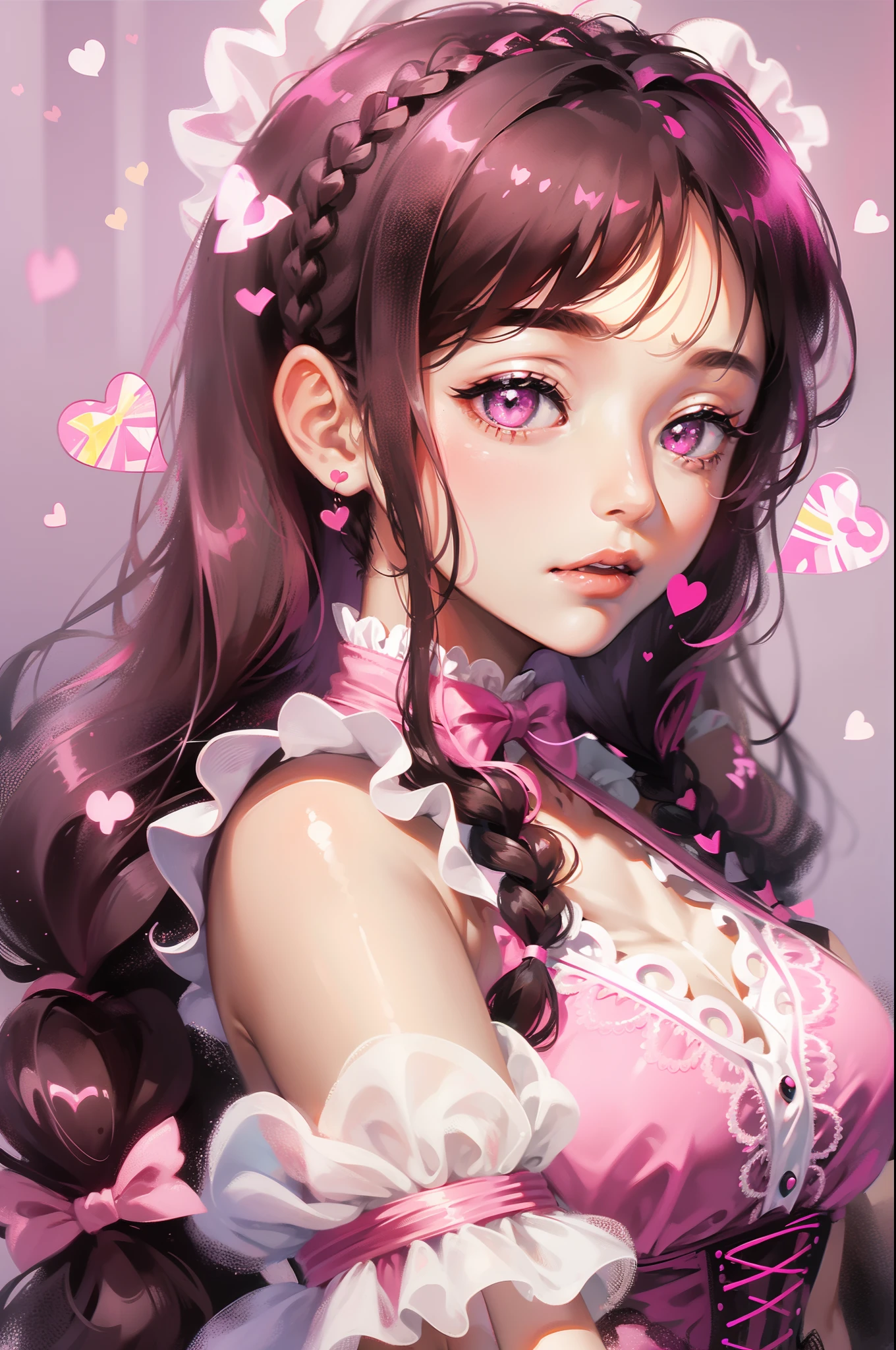 1girl, ashybrown hair, heart ornaments, braided pigtails with candy accessory, she is wearing a bow of different color on each pigtail: one pink and the other white, her outfit is that of a maid from a maid cafe in pink color with white ruffles and lace, inlcudes cute buttons with paw-shape, holding heart shaped chocolate or sweets, the background is pretty and simple yet detailed