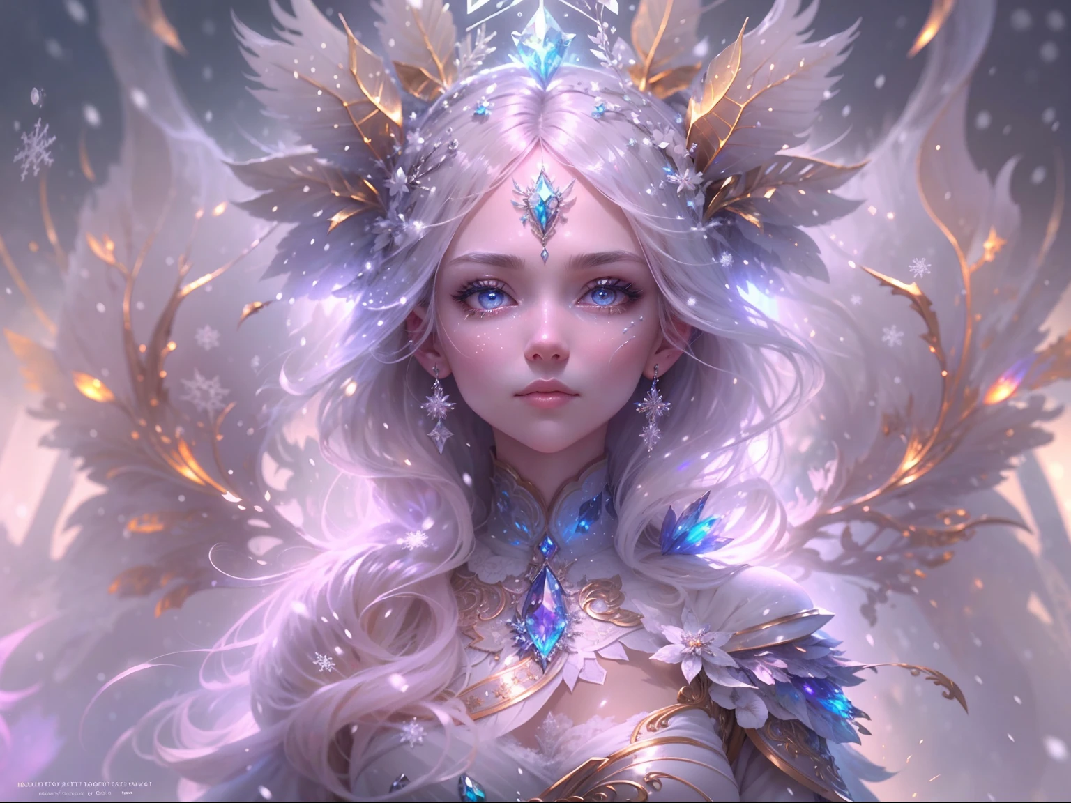 (((masterpiece))), (((best quality))), ((ultra-detailed)),(highly detailed CG illustration), ((an extremely delicate and beautiful)),cinematic lighting. This is a realistic fantasy artwork with contrasting colors and a very mysterious aura. Generate a pure white woman with ((pure white skin)), metallic hair, and bold, colorful eyes. (((Her skin is whiter than snow))). Her face is extremely detailed with realistic shading and her eyes are extremely detailed with absurdly high resolution and bright, bold colors. (((Her eyes are important and must be perfect.))) She has soft, puffy lips. Include many fantasy details such as soft white feathers, beautiful French silk, delicate embroidery, snow, iridescence detailing, phantasmal iridescence detailing, and glitter. Include moonlight, snowflakes, and winterscapes. The character in the artwork is a delicate but strong  figure with an aura of mystery and magic. The character's clothing should be designed with gossamer feathers, silk, stunning embroidery, and subtle iridescent details. Incorporate dreamy colors, dynamic lighting, and detailed background elements to create a sense of awe and immersion.  Consider the latest trends in fantasy art, such as incorporating unique lighting effects, exploring dynamic and compelling composition techniques, and experimenting with unique color palettes. Take inspiration from the top artists on ArtStation and Midjourney. Camera: Choose an angle that highlights the character's beauty and enhances the magical majesty of the artwork. Lighting: Utilize atmospheric lighting techniques to create depth and mood. Resolution: Aim for a high-resolution artwork to showcase intricate details and clarity. Art Inspirations: Seek inspiration from the trending artists on ArtStation, exploring different styles, genres, and themes.