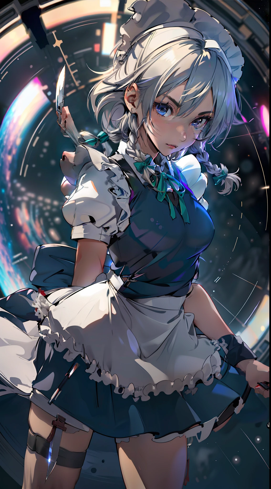 (masterpiece,  best quality, highres),  (1girl, solo, sakuya1),  (maid, apon, greyt hair, medium  breasts, knife, in the space),