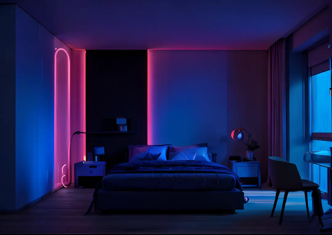 Room with a bed and a desk in the middle, neon ambient lighting, with neon lighting, Noite escura com cores neon, dramatic neon ...