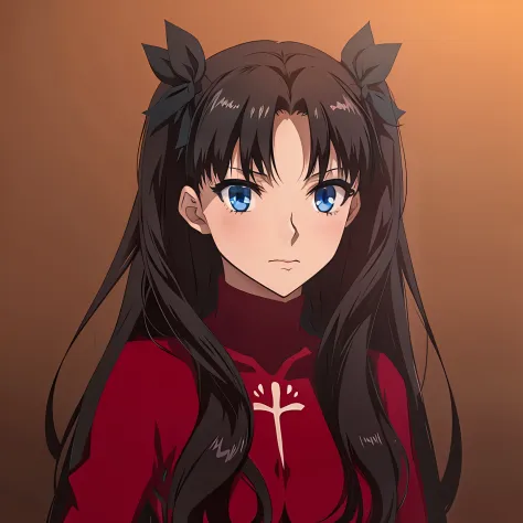 black hair, blue eyes, red dress, rin tohsaka