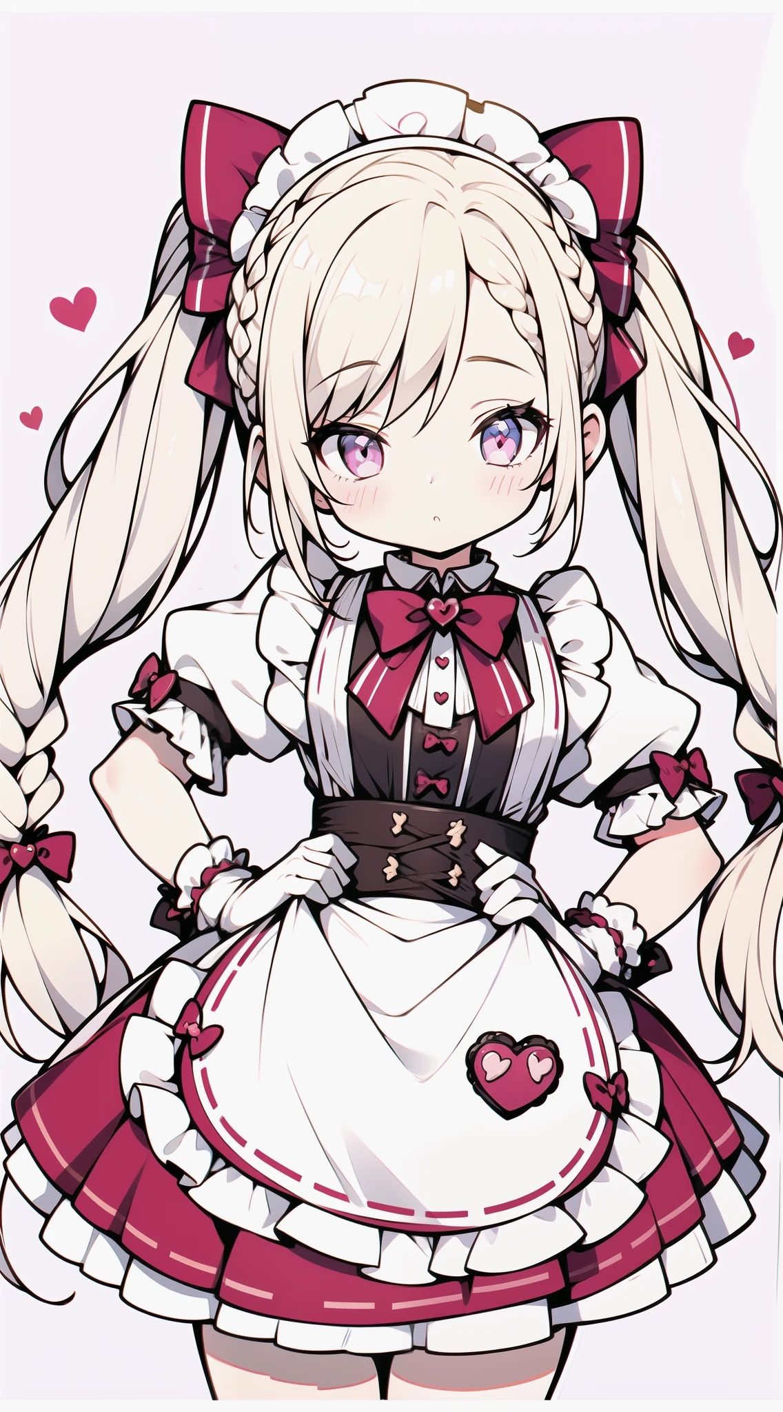 1girl, ashy-blonde hair, heart ornaments, braided pigtails with candy accessory, she is wearing a bow of different color on each pigtail: one dark pink and the other white, her outfit is that of a maid from a maid cafe in dark-pink color with white ruffles and lace, inlcudes cute buttons with paw-shape, holding heart shaped chocolate or sweets, the background is pretty and simple yet detailed,