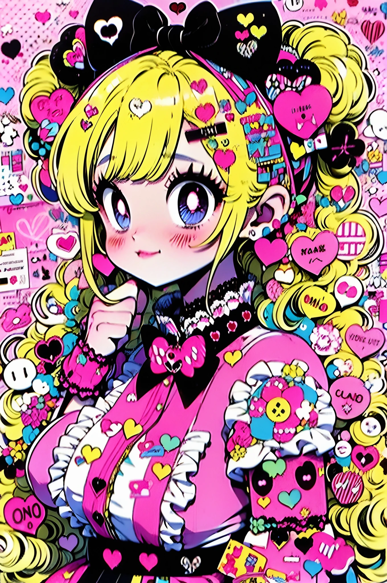 1girl, ashy-blonde hair, heart ornaments, braided pigtails with candy accessory, she is wearing a bow of different color on each pigtail: one dark pink and the other white, her outfit is that of a maid from a maid cafe in dark-pink color with white ruffles and lace, inlcudes cute buttons with paw-shape, holding heart shaped chocolate or sweets, the background is pretty and simple yet detailed,