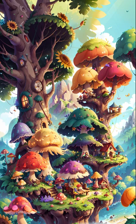 Light up the colorful large mushroom forest，Fine matte paint，summer day，beachside，rios，tree house，Sunflower fields，lavender，mountain ranges，mountain peaks，big trees，