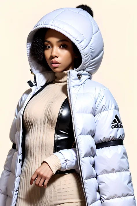 beautifull afro 26 y.o girl, model, white hair in milky adidas winter puffer jacket, design trend, design by kanye west, on a wh...