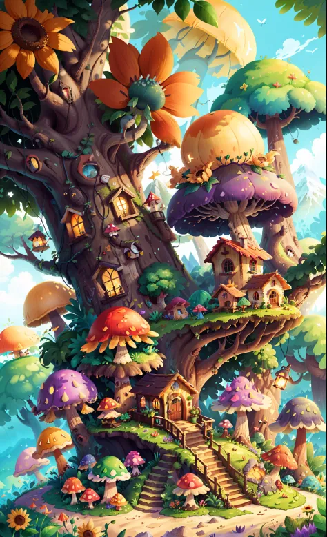 Light up the colorful large mushroom forest，Fine matte paint，summer day，beachside，rios，tree house，Sunflower fields，lavender，mountain ranges，mountain peaks，big trees，