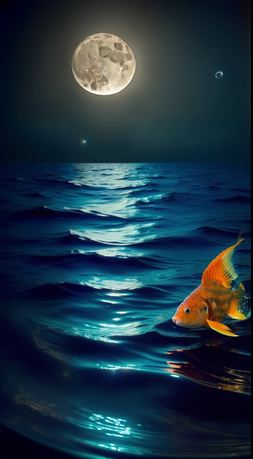 photo, ((( the night, darkly, Light from the Moon))) ((Sea night sky in the water, beautiful goldfish),  (((Lightroom))),  (tmasterpiece), (perfect proportion), (foto realista), (beste-Qualit), (Detailed), (8K), (HDR), (wallpapers), (电影灯光), (sharp-focus), (an intricate)