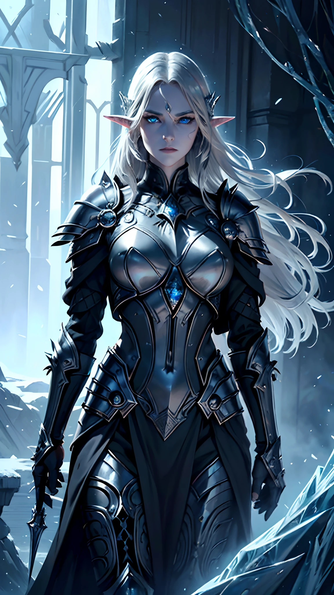 official art, unity 8k wallpaper, ultra detailed, masterpiece, best quality, (((1 woman))), (extremely detailed), dynamic angle, scheming expression, ((devious expression)), wind effect, fantasy background, rim lighting, side lighting, cinematic light, ultra high res, 8k uhd, film grain,best shadow, delicate, RAW, icy blue particles, detailed skin texture, detailed armor texture, detailed face, elven face, intricate details, ultra detailed, Dark, strong, (elegant black armor), ((long silver hair)), (((glowing icy blue eyes))), dark cape, fantasy, (realistic), atmospheric, long elven ears, platnium silver hair, very long elven ears, mature features, medium breasts, elegant armour, beautiful features, ((((commanding expression))))