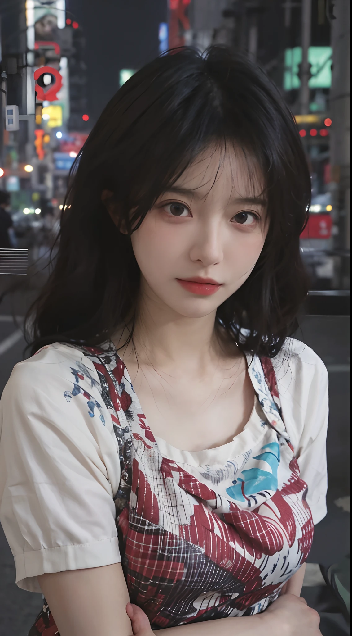 best qualtiy， Ultra-high resolution， （realisticlying：1.4），2 girls，（natta），（looking at viewert：1.331），（whaite hair），posing on a，Tokyo Street，nightcityscape，Cyberpunk-city，the soft light，1girll，Extremely beautiful face，chest circumference，putdownhands，random hair style，Random expressions，largeeyes，Alvine，（short- sleeved。JK_shirt）， JK_Style， （Red jk erotic dress）， （JK binding）， blend， best qualtiy