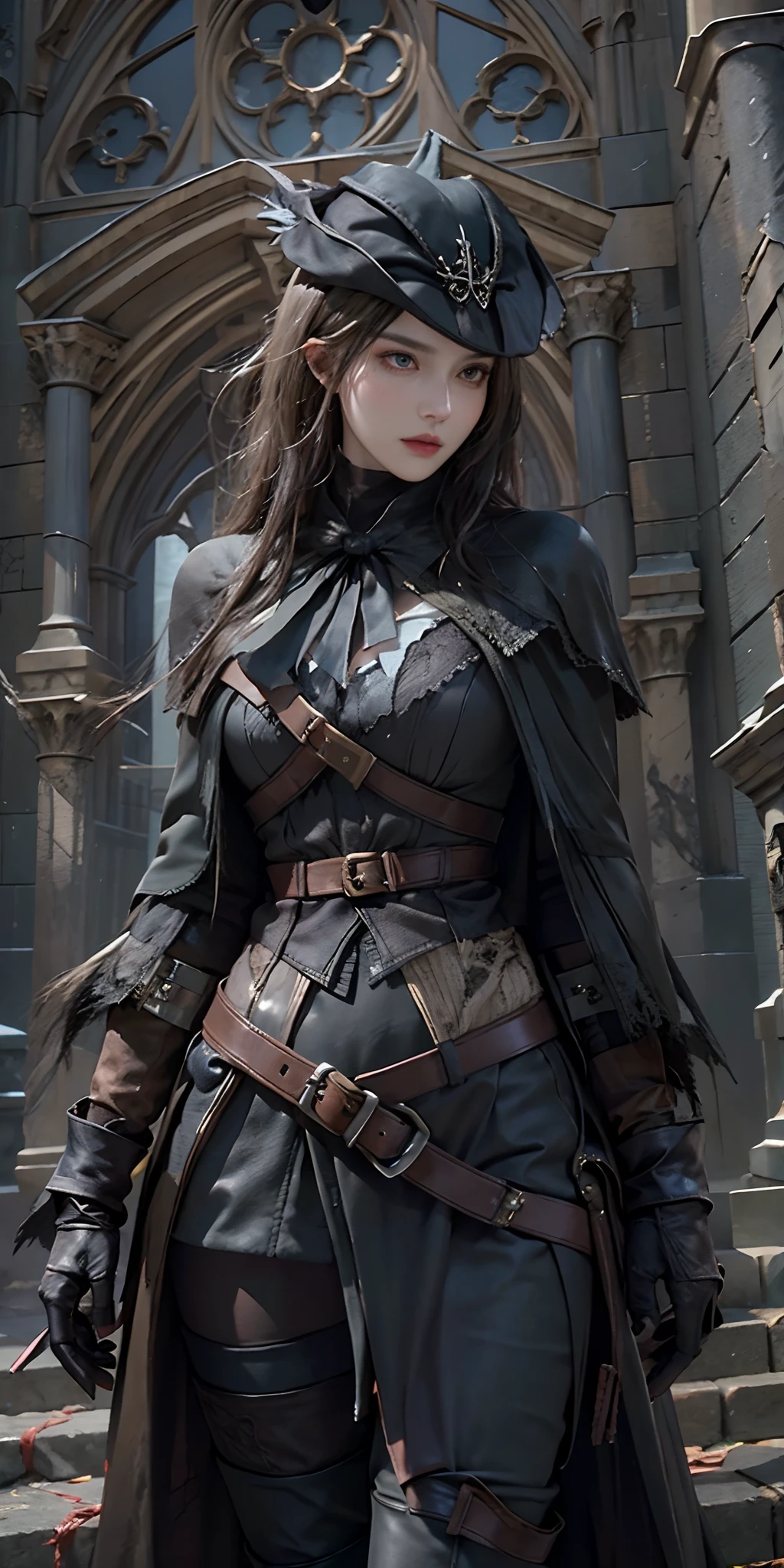 photorealistic, high resolution, soft light,1women, solo, hips up, look at viewer, (detailed face), bangs, edgBB, black gloves, belt, coat, torn clothes, capelet, gauntlets, vambraces, black capelet, hunter (bloodborne), woman wearing edgBB_outfit, outdoors, gothic architecture, jewelry