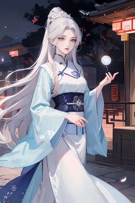 tmasterpiece、Need、night scene、moon full、1female、Mature woman、China-style、Ancient China、Sister、Royal sister、in cold face、face expressionless、Silver white long haired woman、Pale pink lips、Steady、intelligence、flower ball background,Stroll through the streetsc...