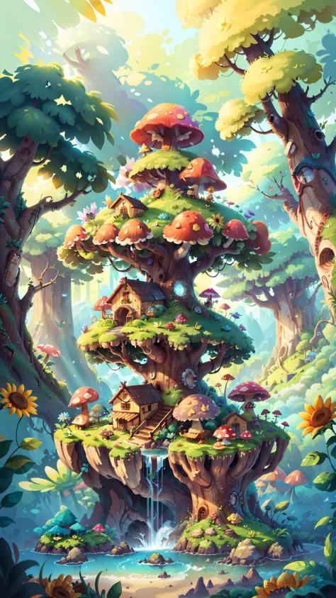 （super wide shot），（Best Masterpiece），8K，Light up the colorful large mushroom forest，Fine matte paint，summer day，beachside，rios，tree house，Sunflower fields，lavender，mountain ranges，mountain peaks，big trees，Densely wooded，The leaves are verdant，The stream is...