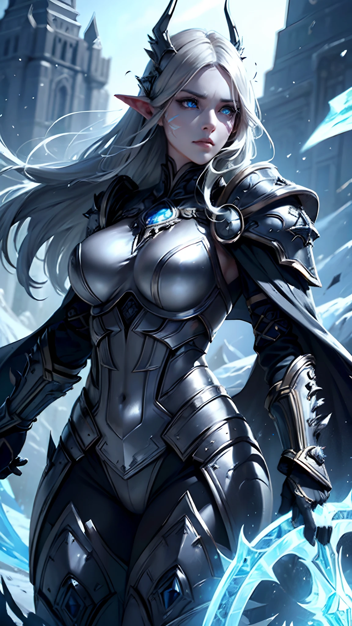 official art, unity 8k wallpaper, ultra detailed, masterpiece, best quality, (((1 woman))), (extremely detailed), dynamic angle, scheming expression, ((devious expression)), wind effect, fantasy background, rim lighting, side lighting, cinematic light, ultra high res, 8k uhd, film grain,best shadow, delicate, RAW, icy blue particles, detailed skin texture, detailed armor texture, detailed face, elven face, intricate details, ultra detailed, Dark, strong, (elegant black armor), ((long silver hair)), (((glowing icy blue eyes))), dark cape, fantasy, (realistic), atmospheric, long elven ears, platnium silver hair, very long elven ears, mature features, medium breasts, elegant armour, beautiful features, ((((commanding expression)))), ((((no facial markings)))), commanding expression, commanding features, (((commanding stance)))