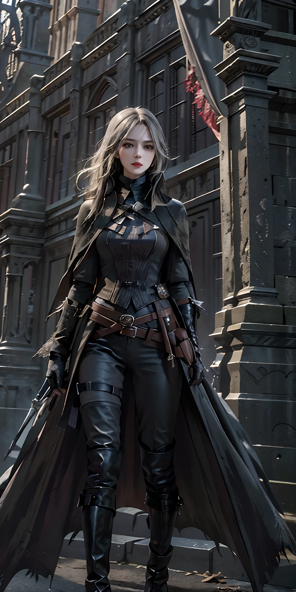 photorealistic, high resolution, soft light,1women, solo, hips up, look at viewer, (detailed face), bangs, edgBB, black gloves, belt, coat, torn clothes, capelet, gauntlets, vambraces, black capelet, hunter (bloodborne), woman wearing edgBB_outfit, outdoors, gothic architecture, jewelry