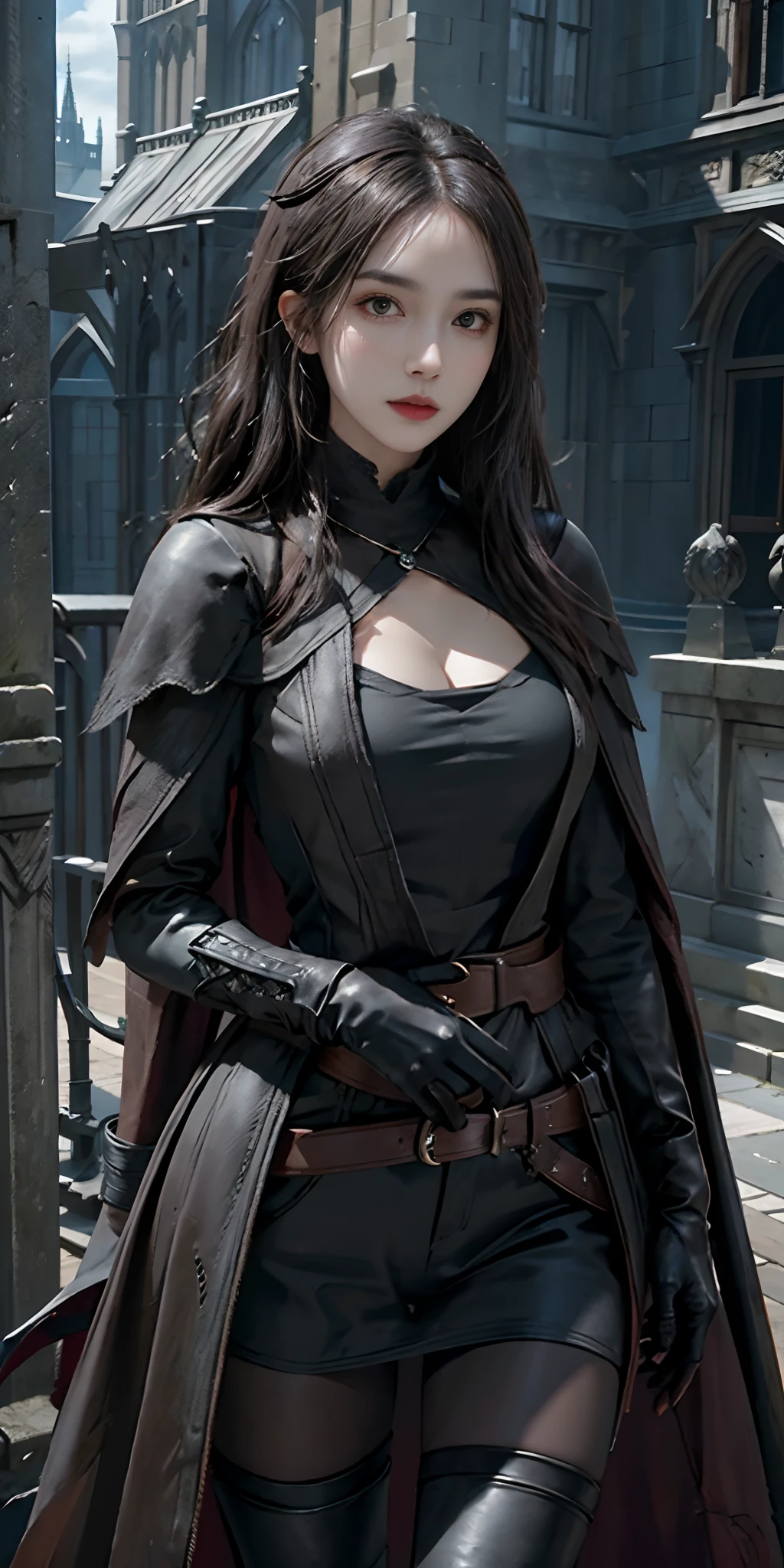 photorealistic, high resolution, soft light,1women, solo, hips up, look at viewer, (detailed face), bangs, edgBB, black gloves, belt, coat, torn clothes, capelet, gauntlets, vambraces, black capelet, hunter (bloodborne), woman wearing edgBB_outfit, outdoors, gothic architecture, jewelry