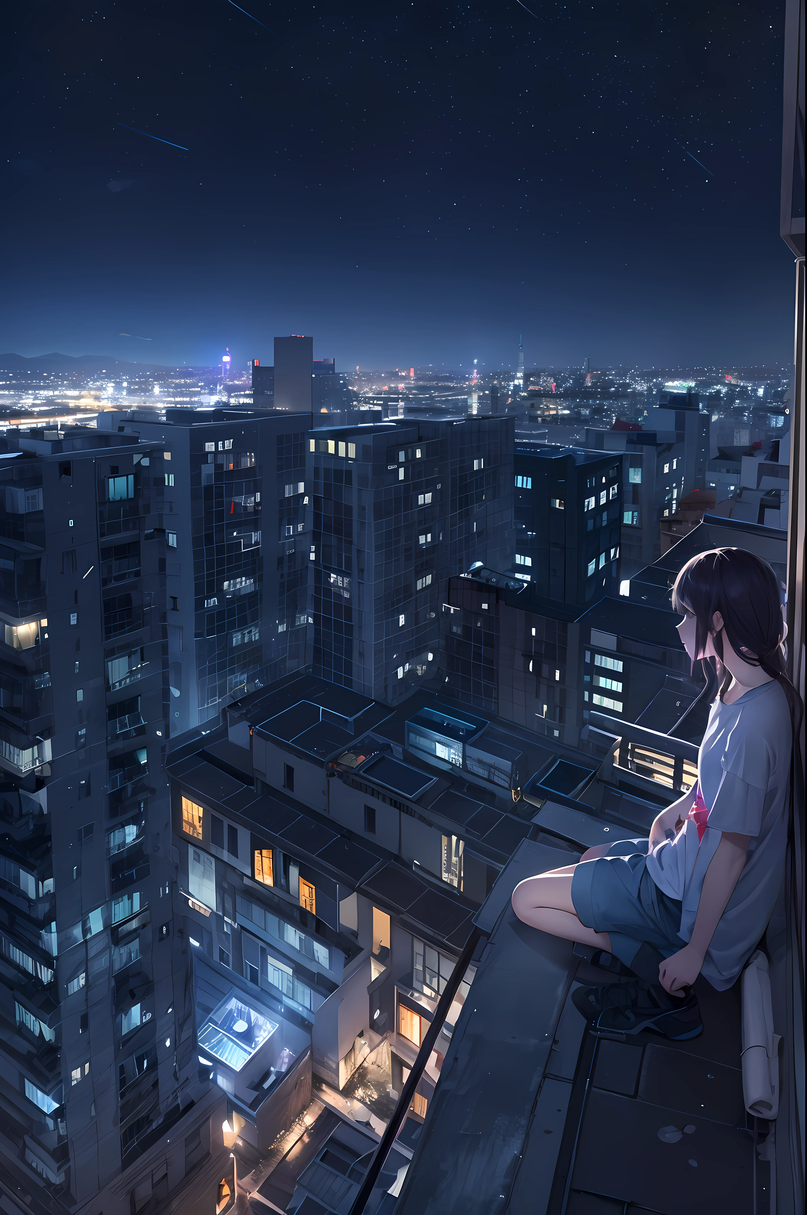 A teenage girl walks on the edge of the rooftop of a high-rise ...