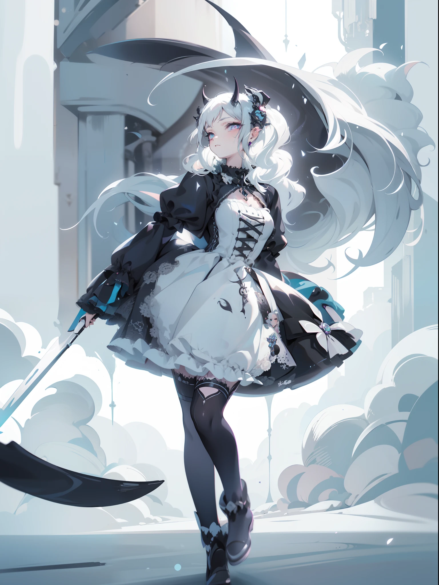 eine Frau in einem schwarzen Kleid, die ein Schwert hält, mit schwarzen Hörnern, mit dämonischen Hörnern, Anime-Mädchen-Cosplay, Schwarzes Gothickleid Lolita, dunkler Fantasy-Stil, Gothic Maiden Anime-Mädchen, viktorianische Gothic-Lolita-Mode, moderne Gothic-Kleidung tragen, Engel Ritter Gothic Mädchen, Cosplay-Anime, Stil eines magischen Mädchens, Kerli Koiv als Anime Girl, Elegantes, glamouröses Cosplay, Anime-Mädchen in einem schwarzen Kleid, Licht hinter ihm, Nachtlicht von hinten, Nebel herum, Kinolichter, uhd, HD, gute Qualität, 8k, 16k, (((Meisterwerk))), sehr detaillierte Augen