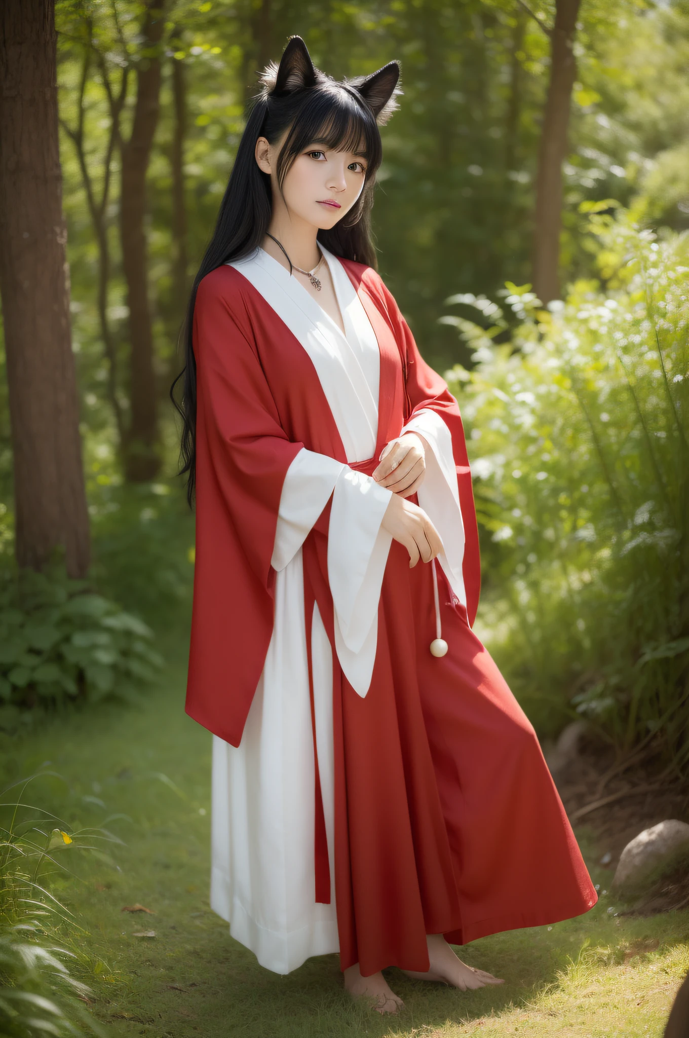 Create a photorealistic image of Eri Kamei cosplaying as "Inuyasha" from the anime Inuyasha. Eri should have long white hair, dog-like ears, and green eyes. She should be dressed in Inuyasha's signature red robe, barefoot, with the Tessaiga sword in hand. Around her neck should be the necklace of bone beads. The setting should emphasize her cute appearance while maintaining a high level of realism. The background can be a serene Japanese shrine or forest, reminiscent of the anime's setting. The image should be in a 16:9 aspect ratio, capturing the intricate details of the cosplay and the environment. --ar 16:9 --v 5.1 --style raw --q 2 --s 750