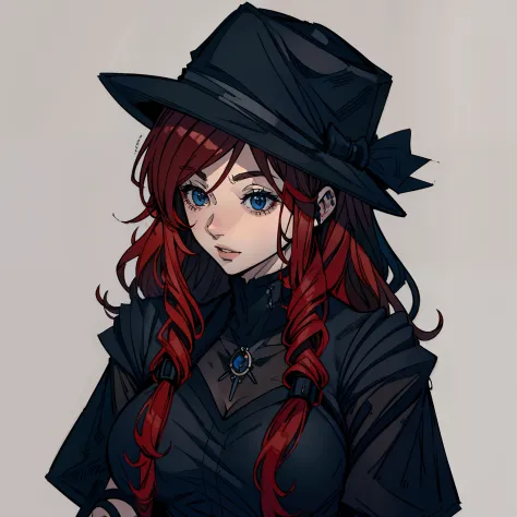 I want a redheaded woman with vibrant red wavy hair, blue-grey eyes, in a black dress and a big black hat, vampire look