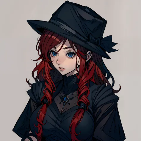 i want a redheaded woman with vibrant red wavy hair, blue-grey eyes, in a black dress and a big black hat, vampire look