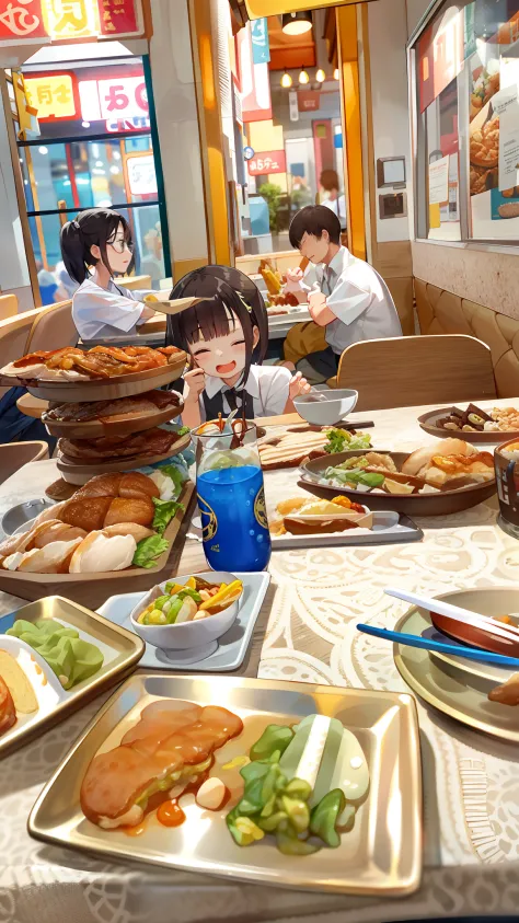 The food on the table is exquisitely made in bright colors, a person々I enjoy it, Mukbang gramophone plays cheerful music, Close-up food, clear details, Quick Switching, Lively, The sound of children's happy laughter echoes in the atmosphere of a family din...