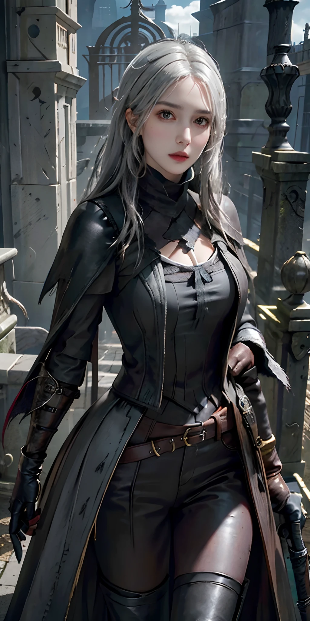 photorealistic, high resolution, soft light,1women, solo, hips up, look at viewer, (detailed face), white hair, bangs, edgBB, black gloves, belt, coat, torn clothes, capelet, gauntlets, vambraces, black capelet, hunter (bloodborne), TRICORN, woman wearing edgBB_outfit, outdoors, gothic architecture, jewelry