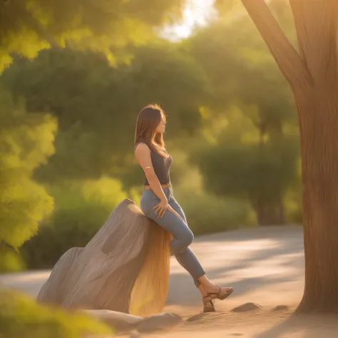 Chica morena, pelo rizado largo, Light brown hair, de espaldas, sentada, mirando un lago, sentada encima de una roca, natural, muy realista, apertura de imagen