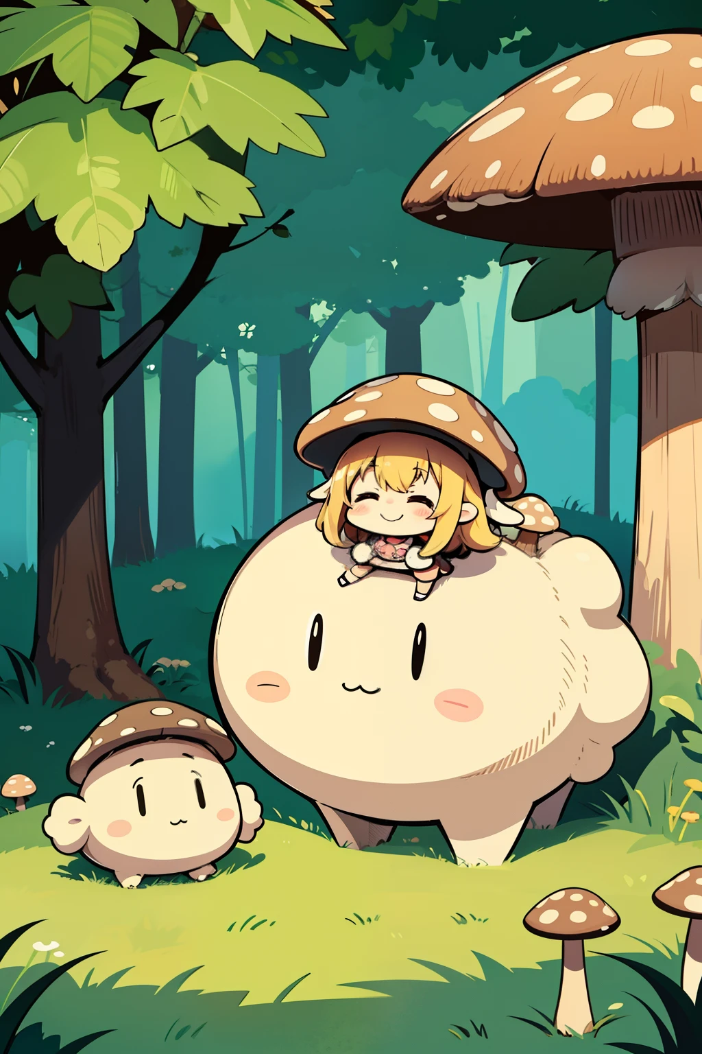 Kawaii-Stil, Chibi-Mädchen, Niedlich, großes Lächeln, soft color palette, Pilze, Pilze + Pilze + Pilze + Pilze + Pilze, Pilz auf dem Kopf, im sonnigen Wald, Landschaft