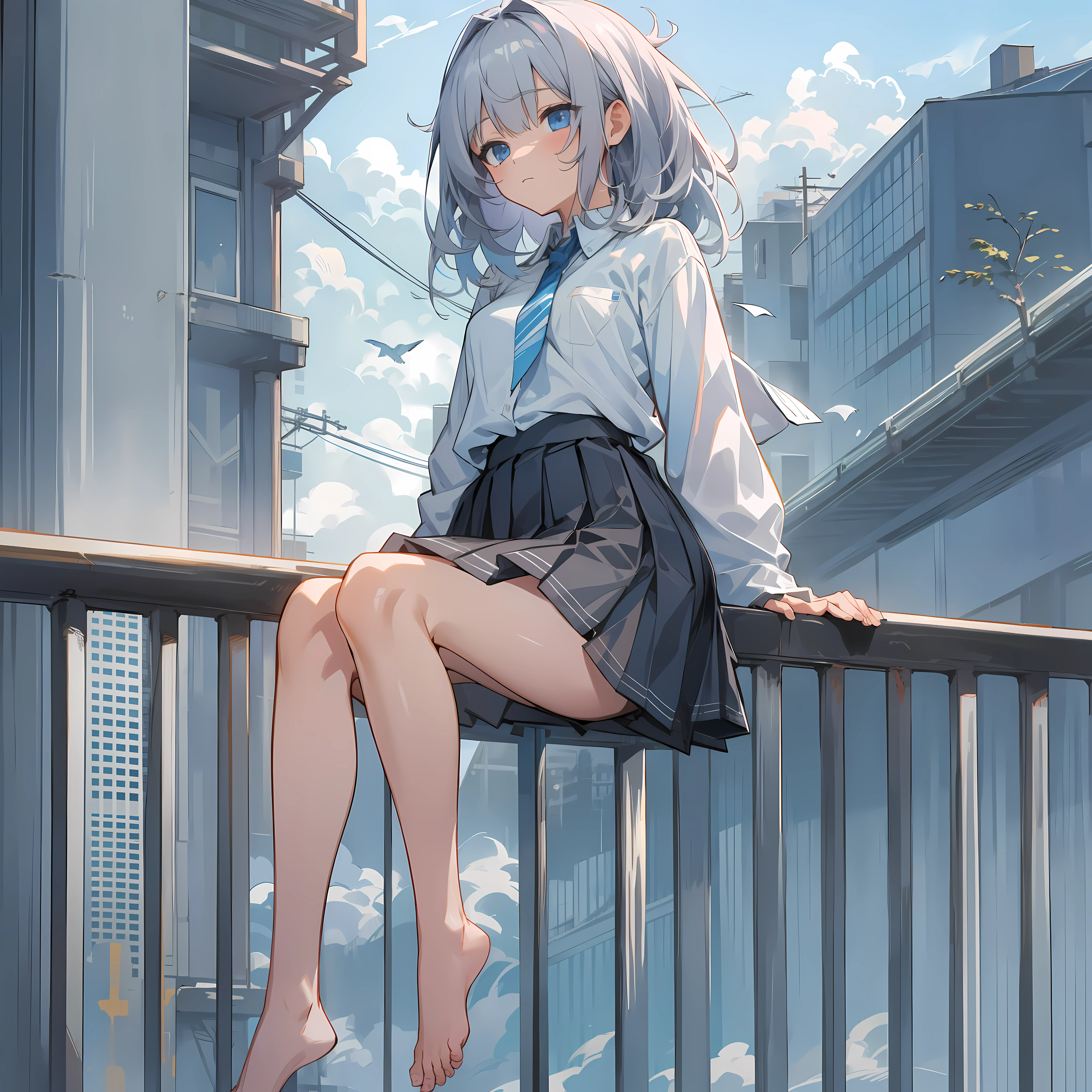 Anime girl sitting on a railing with her legs crossed - SeaArt AI