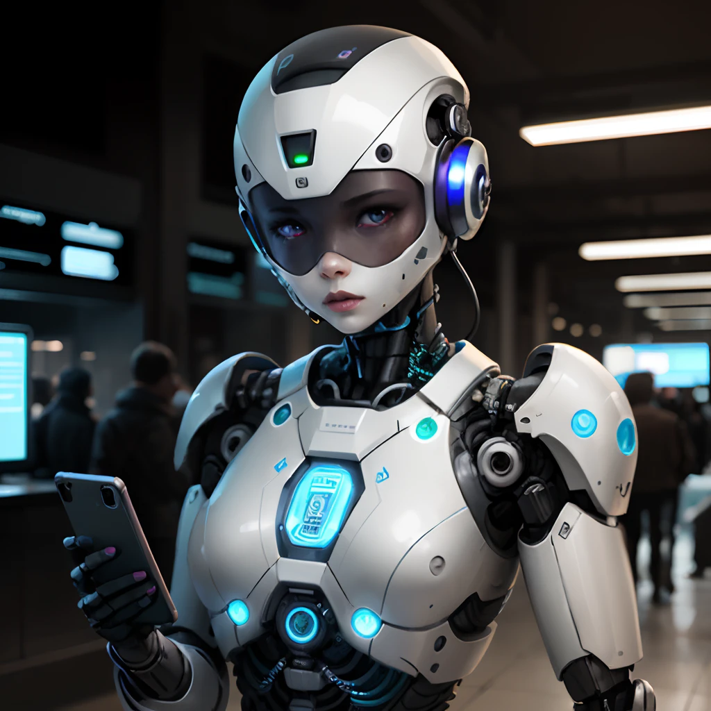 ROBOT WITH HUMAN-LIKE ARTIFICIAL INTELLIGENCE WITH CELL PHONE IN HAND