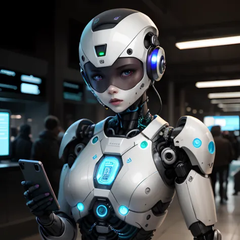 robot with human-like artificial intelligence with cell phone in hand