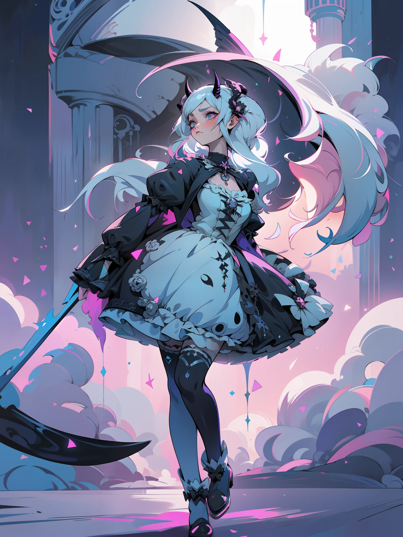 eine Frau in einem schwarzen Kleid, die ein Schwert hält, mit schwarzen Hörnern, mit dämonischen Hörnern, Anime-Mädchen-Cosplay, Schwarzes Gothickleid Lolita, dunkler Fantasy-Stil, Gothic Maiden Anime-Mädchen, viktorianische Gothic-Lolita-Mode, moderne Gothic-Kleidung tragen, Engel Ritter Gothic Mädchen, Cosplay-Anime, Stil eines magischen Mädchens, Kerli Koiv als Anime Girl, Elegantes, glamouröses Cosplay, Anime-Mädchen in einem schwarzen Kleid, Licht hinter ihm, Nachtlicht von hinten, Nebel herum, Kinolichter, uhd, HD, gute Qualität, 8k, 16k, (((Meisterwerk))), sehr detaillierte Augen