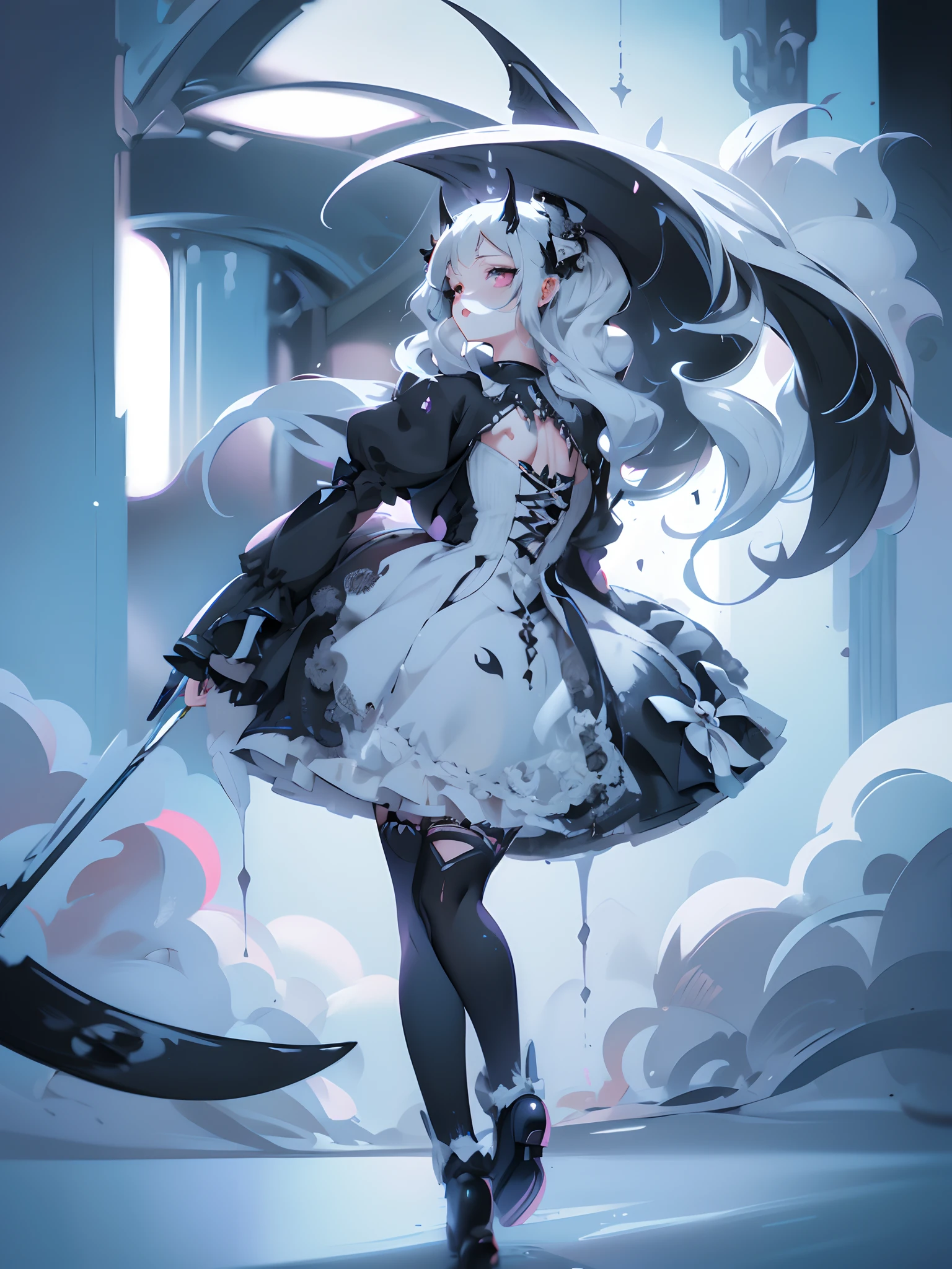 eine Frau in einem schwarzen Kleid, die ein Schwert hält, mit schwarzen Hörnern, mit dämonischen Hörnern, Anime-Mädchen-Cosplay, Schwarzes Gothickleid Lolita, dunkler Fantasy-Stil, Gothic Maiden Anime-Mädchen, viktorianische Gothic-Lolita-Mode, moderne Gothic-Kleidung tragen, Engel Ritter Gothic Mädchen, Cosplay-Anime, Stil eines magischen Mädchens, Kerli Koiv als Anime Girl, Elegantes, glamouröses Cosplay, Anime-Mädchen in einem schwarzen Kleid, Licht hinter ihm, Nachtlicht von hinten, Nebel herum, Kinolichter, uhd, HD, gute Qualität, 8k, 16k, (((Meisterwerk))), sehr detaillierte Augen, Schauen Sie sich den Betrachter an