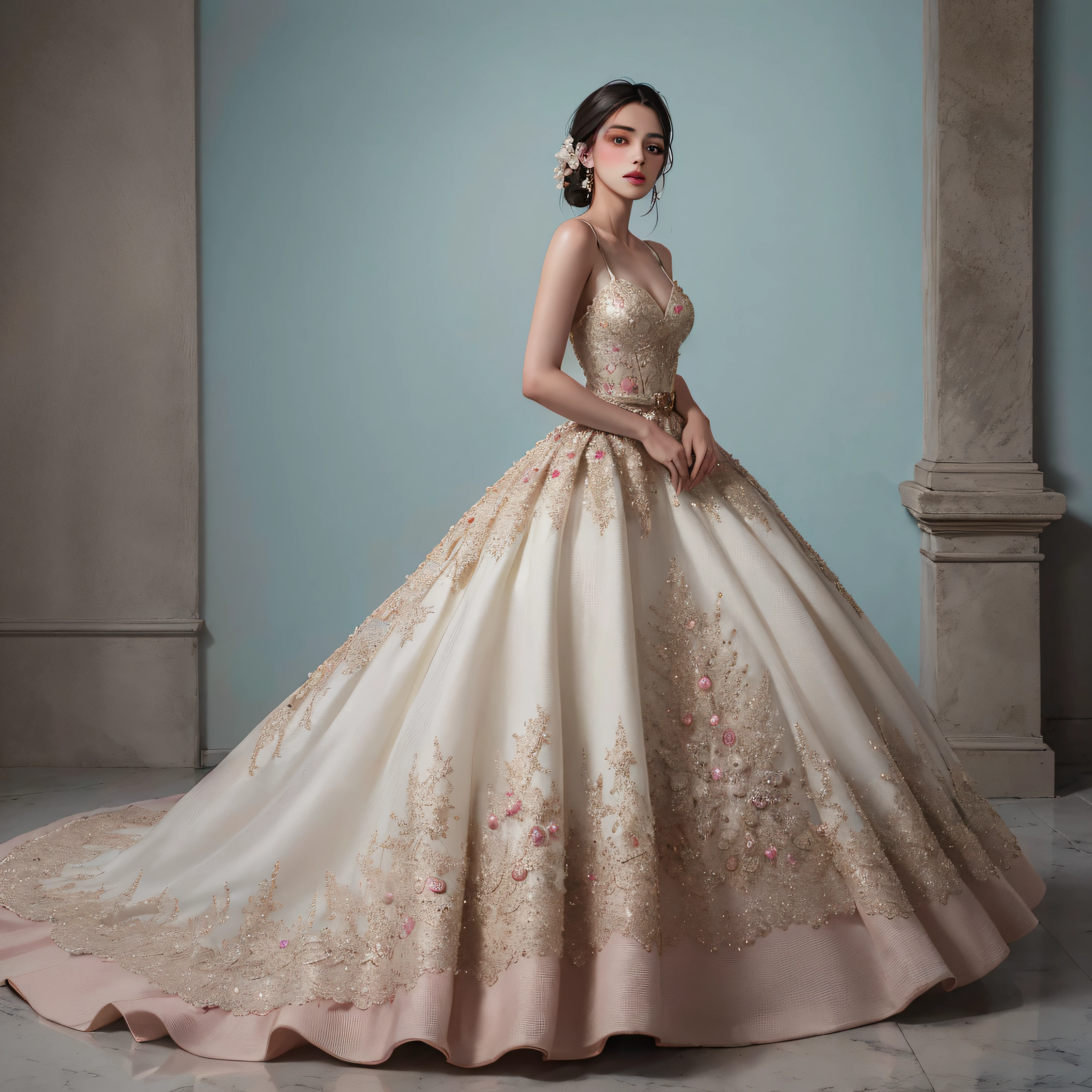 Full body photo, featuring a Mexican girl dressed in a magnificent haute couture quinceañera ball gown with a floral waist belt. The gown she wears is a vibrant shade of red, adorned with layers of tulle ruffles, shimmering rhinestones, and intricate gold lace and filigree details. A wide waist belt adorned with fabric flowers cinches her waist and adds a pop of color and texture. Poised elegantly within the luxurious interior of a castle, dramatic cinematic lighting casts enchanting shadows, enhancing her allure. Crystal chandeliers hang delicately from above, casting a warm glow onto the marble floors below. The ornate stairwell adds to the castle's charm , (skin dents: 1.5), realistic, realistic, (masterpiece: 1.5), concept art, intricate details, highly detailed, octane rendering, 8k , Unreal Engine, Dynamic Pose, Best Quality, High Resolution, ((Theatic)), Epic, Depth of Field, , Particle, (Realistic Face:1.1, Surreal:1.1), ((1 Girl, Close Up, Medium Tits, Perfect Eyes, Detailed Eyes, High Quality Eyes, High Quality Eyes perfect_face, High Quality Eyes, High Quality Eyes, Shiny Skin: 1.2, Shiny Face: 1.2, Embarrassment, Blushing: 0.8)),Wide-Angle, close-up, god rays, depth of field, chiaroscuro, cinematic lighting, high detail, Verism, UHD, masterpiece, acurate, super detail, high details, high quality, highres, best quality, award winning, 16k