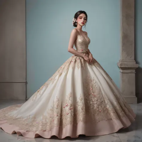 Full body photo, featuring a Mexican girl dressed in a magnificent haute couture quinceañera ball gown with a floral waist belt....