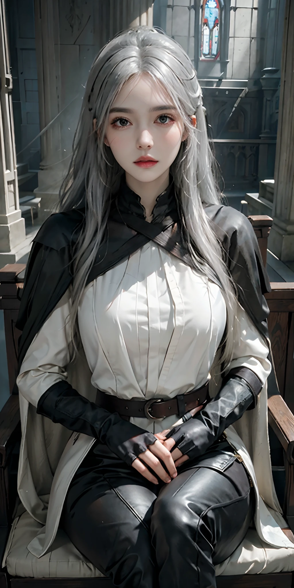 photorealistic, high resolution, soft light,1women, solo, hips up, look at viewer, (detailed face), white hair, bangs, edgBB, black gloves, belt, coat, torn clothes, capelet, gauntlets, vambraces, black capelet, hunter (bloodborne), (tricorn:1.2), woman wearing edgBB_outfit, outdoors, gothic church, sitting on chair, jewelry