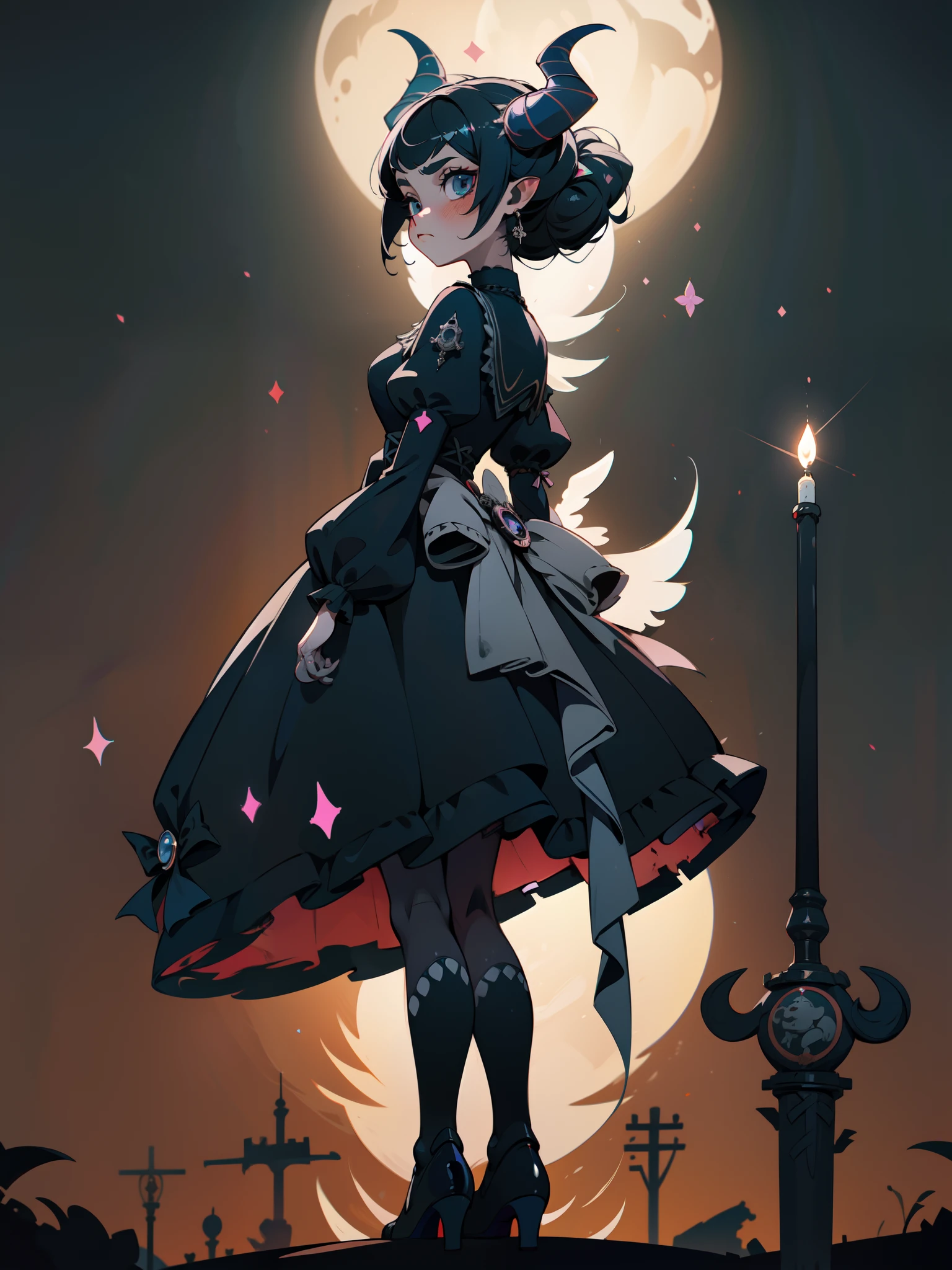 une femme vêtue d&#39;une robe noire tenant une épée, avec des cornes noires, avec des cornes démoniaques, Cosplay de fille d&#39;anime, Robe gothique noire Lolita, style fantastique sombre, Fille d&#39;anime de jeune fille gothique, mode lolita gothique victorien, porter des vêtements gothiques modernes, ange chevalier fille gothique, cosplay animé, style de fille magique, Kerli Koiv comme Anime Girl, Cosplay glamour et élégant, Fille anime dans une robe noire, lumière derrière lui, Veilleuse par derrière, brouillard autour, lumières cinématographiques, UHD, HD, Haute qualité, 8k, 16k, (((chef-d&#39;œuvre))), Yeux très détaillés, regarde le spectateur, regard provocant