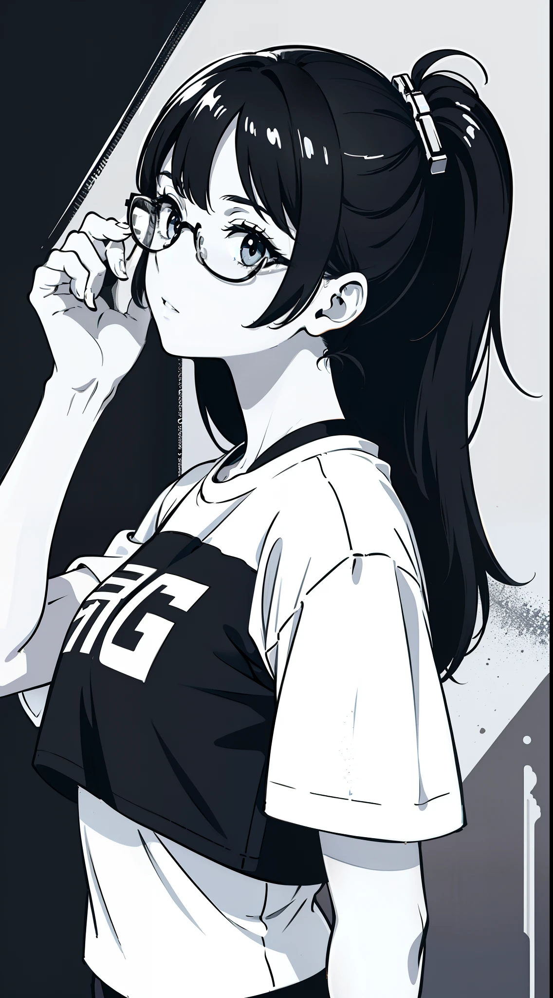 girl, side portrait, black and white, messy short hair, edgy accessories,sporty style, casual t-shirt, confident gaze, monochrome color scheme, looking to the side, chic street fashion,((a person)),Luxurious long hair,Round eyeglass frames, circular lens shape