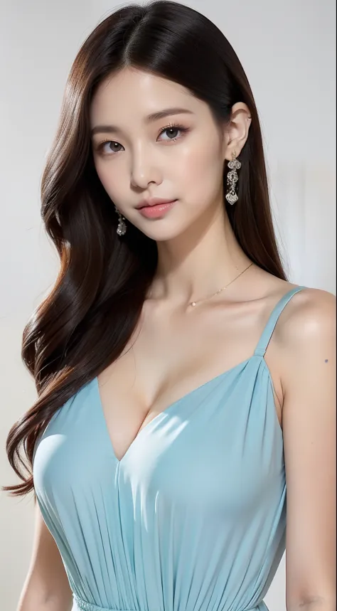 Realistic light、top-quality、8K、​masterpiece:1.3))、Girl with small breasts、small  moles under eyes、A smile、A small mole on the chest、Beautiful woman with slender  body shape:1.4、pale-skinned、(Floating wavy silk brown hair、small tits:1