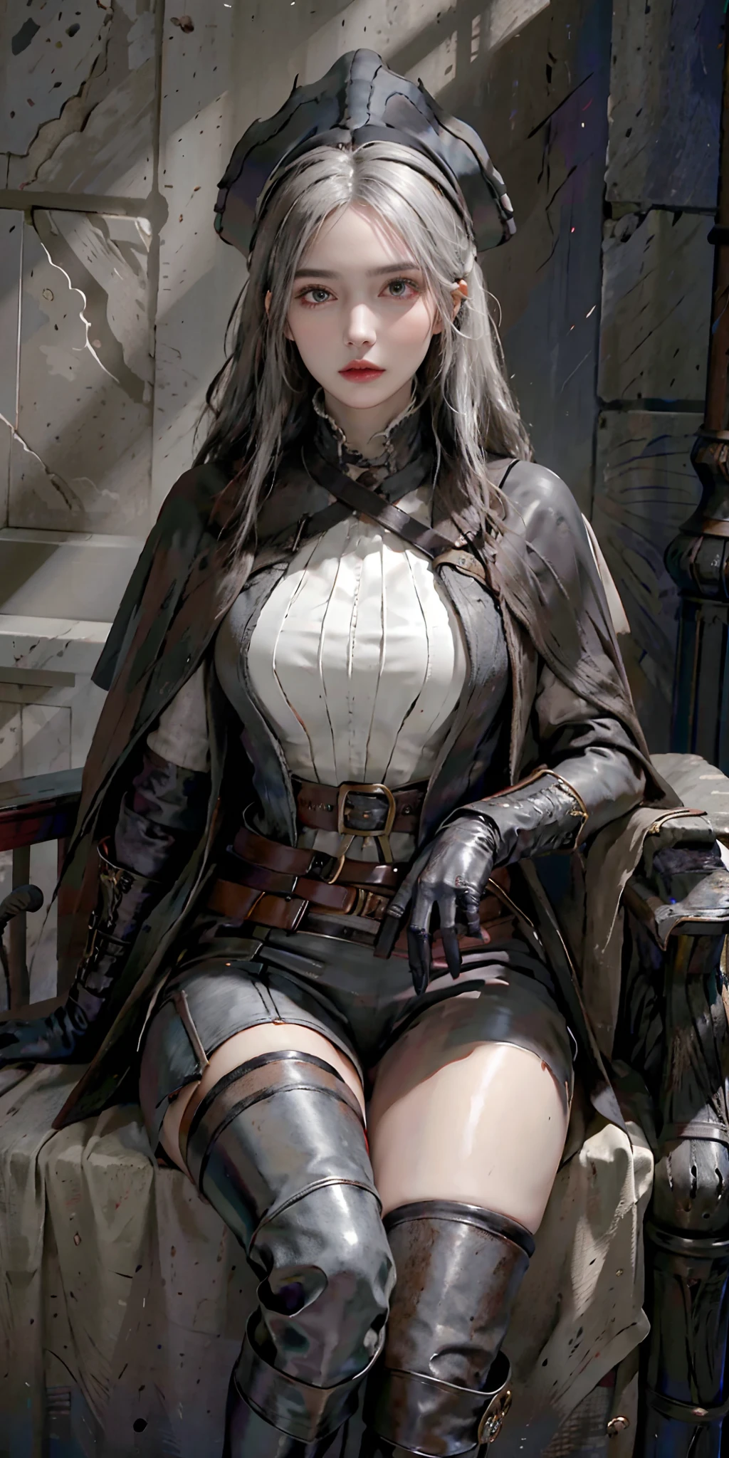 photorealistic, high resolution, soft light,1women, solo, hips up, look at viewer, (detailed face), white hair, bangs, edgBB, black gloves, belt, coat, torn clothes, capelet, gauntlets, vambraces, black capelet, hunter (bloodborne), (tricornm hat), woman wearing edgBB_outfit, gothic church, sitting on chair, jewelry