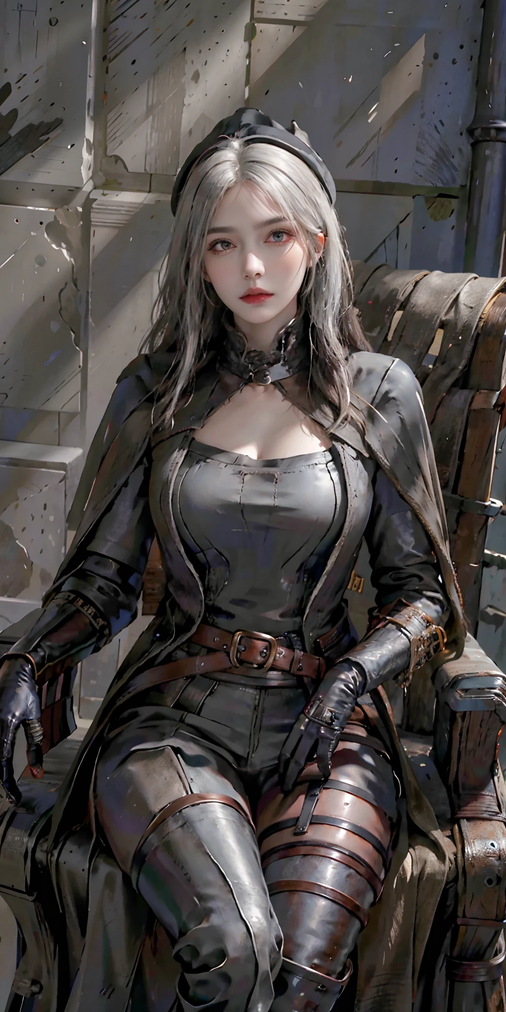 photorealistic, high resolution, soft light,1women, solo, hips up, look at viewer, (detailed face), white hair, bangs, edgBB, black gloves, belt, coat, torn clothes, capelet, gauntlets, vambraces, black capelet, hunter (bloodborne), (tricornm hat), woman wearing edgBB_outfit, gothic church, sitting on chair, jewelry