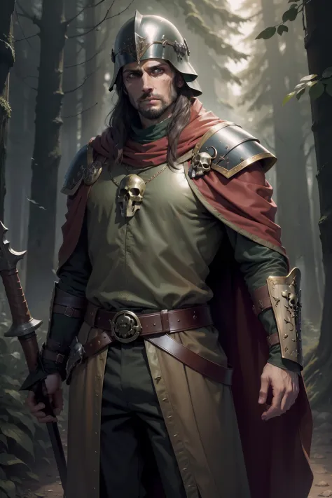 ( sigmar purity seals ), Aragorn from the Warhammer universe, Guardian of Reikland, renaissance uniform, leather hide armor, cloak, ( helmet with a skull symbol), green and brown alladin trousers, wide belt with an imperial skull on a buckle, renaissance f...