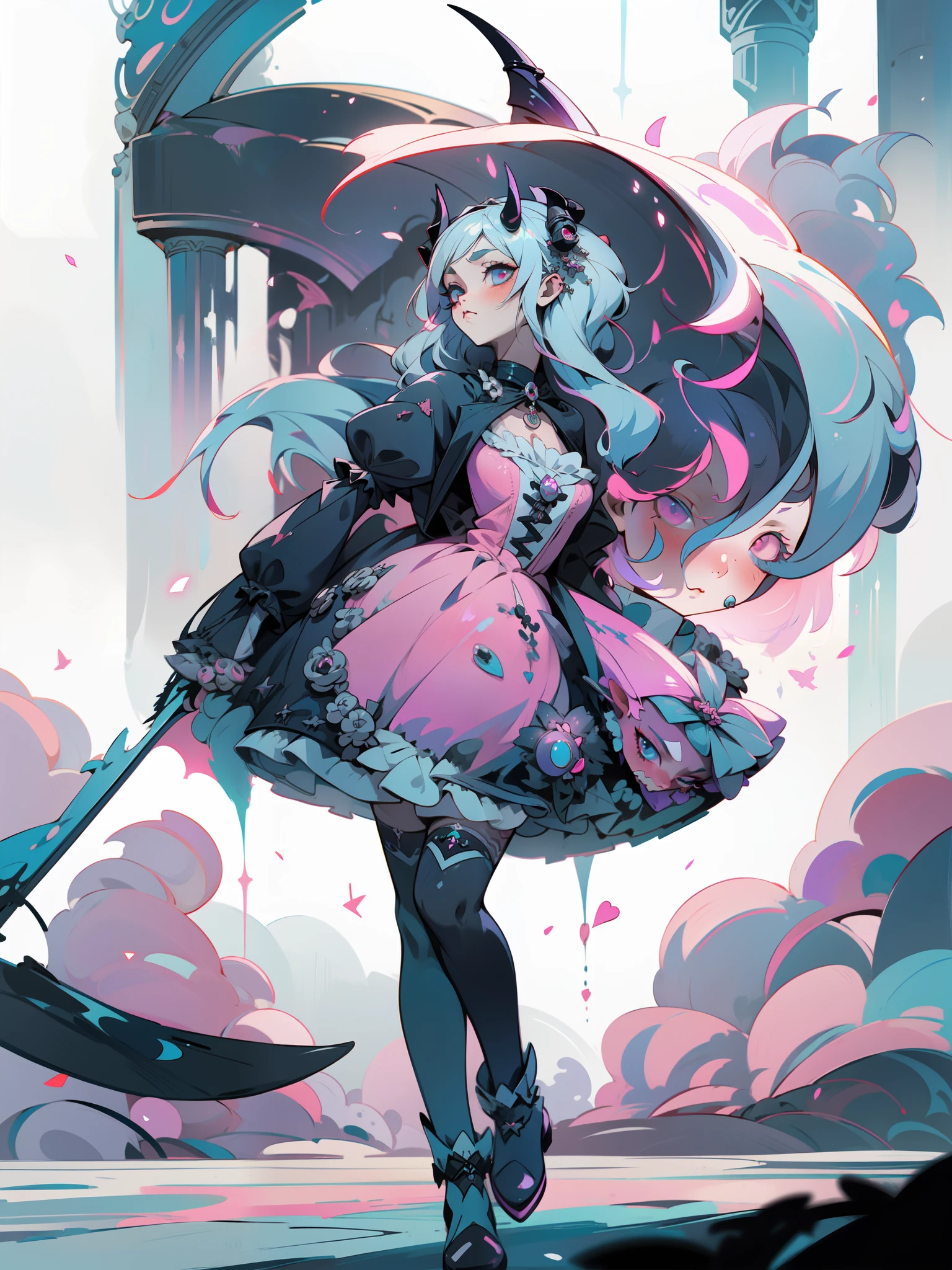 une femme vêtue d&#39;une robe noire tenant une épée, avec des cornes noires, avec des cornes démoniaques, Cosplay de fille d&#39;anime, Robe gothique noire Lolita, style fantastique sombre, Fille d&#39;anime de jeune fille gothique, mode lolita gothique victorien, porter des vêtements gothiques modernes, ange chevalier fille gothique, cosplay animé, style de fille magique, Kerli Koiv comme Anime Girl, Cosplay glamour et élégant, Fille anime dans une robe noire, lumière derrière lui, Veilleuse par derrière, brouillard autour, lumières cinématographiques, UHD, HD, Haute qualité, 8k, 16k, (((chef-d&#39;œuvre))), Yeux très détaillés, regarde le spectateur, regard provocant