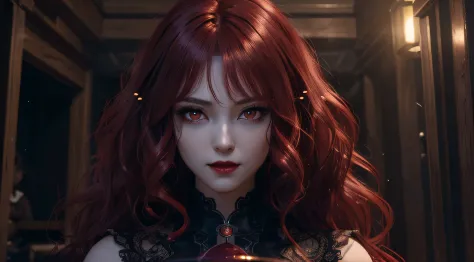 (((Top quality and highly detailed CG Unity 8K wallpapers))), photoRealstic、Bright red eyes, Vampire charismatic woman, Sensual attraction, Mystical smile, Dressed in darkness, Fresh blood lust, Unique presence, Legendary beauty, Bewitching hair, deep red ...