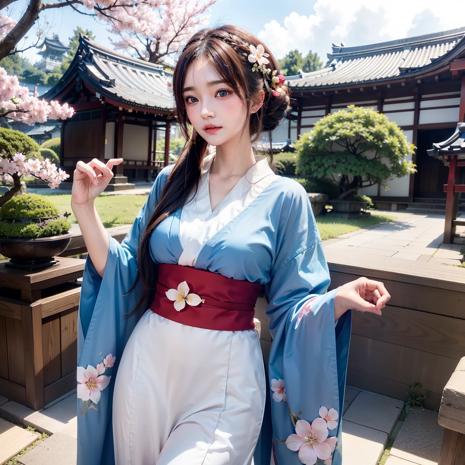 High quality、２５Age pretty woman、Slender beauty、Wear a traditional kimono with gorgeous Japan、Hairpin、Geta、Expensive obi、Big beautiful blue eyes、Detailed cute face、独奏、stand dignified、Gion、Kiyomizu-dera Temple、under a cherry blossom tree、Realistic pretty woman